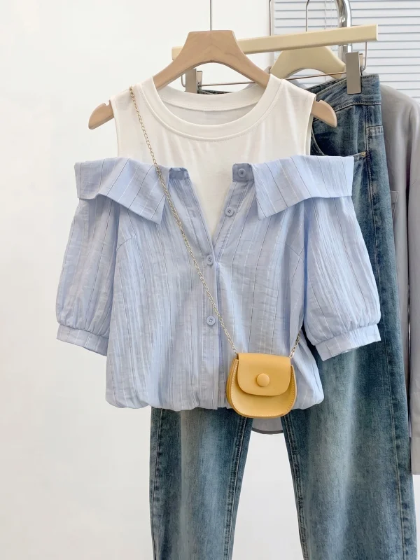

Light Blue Striped Short Sleeve Shirt Women's Summer New Style plus Size Fat MM Anti-Aging Small Shirt Fake Two-Piece Top