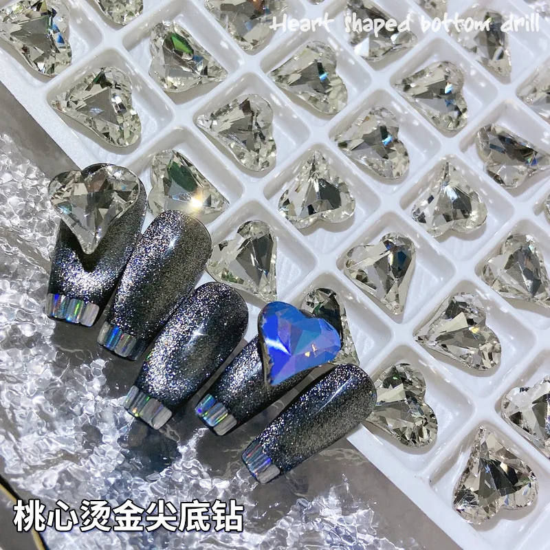 YYM 10PCS Pointed Bottom Crooked Heart Nail Rhinestones Charms K9 Glass Stone Gems Crystal Nail Art Decorations Manicure