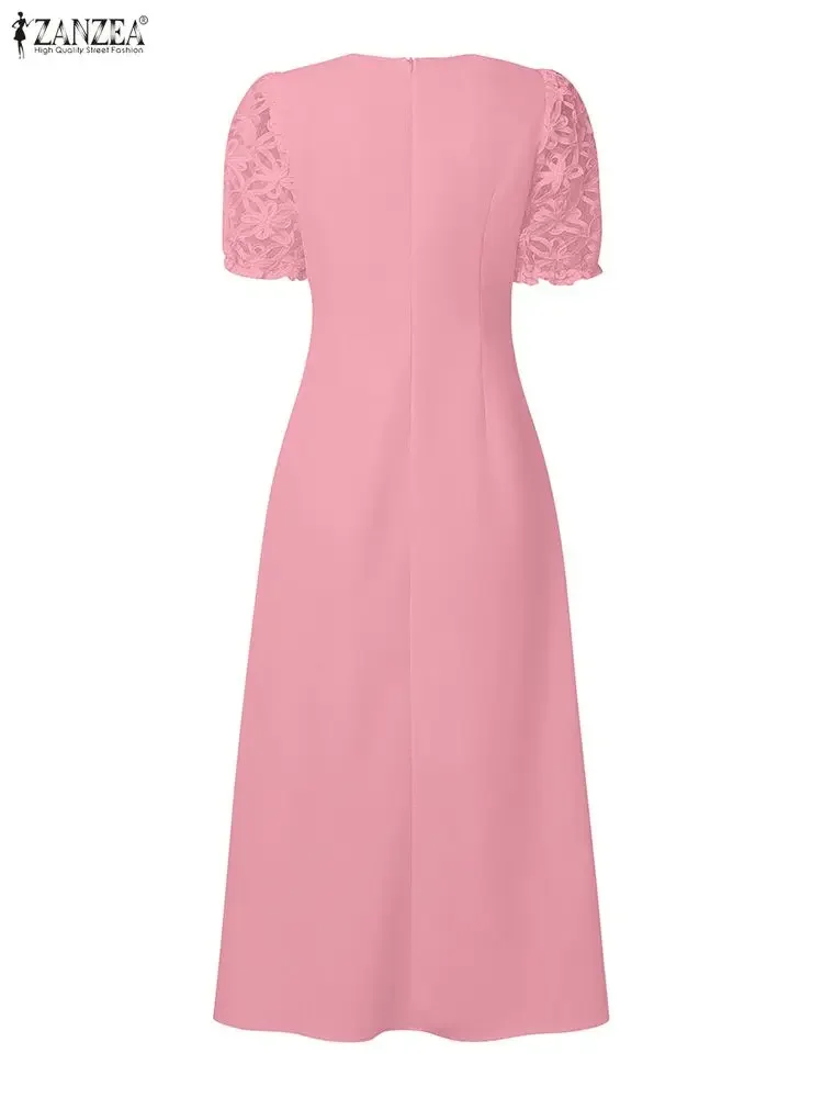 Elegant Party Dress ZANZEA Women Stylish Lace Patchwork Dresses 2026 Summer Short Puff Sleeve Work Sundress High Waist Midi Robe