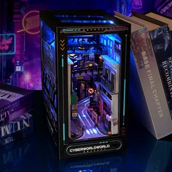 Analyste de construction miniatures d'étagère de coin de livre en bois bricolage, assemblage d'étagère du monde Cyberrpunk, serre-livres pour adultes, cadeaux d'anniversaire
