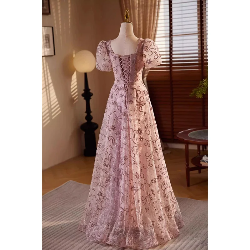 Bespok-Robe de soirée en tulle rose foncé pour femme, bling, col carré, manches courtes, à lacets, ligne A, longueur au sol, grande taille