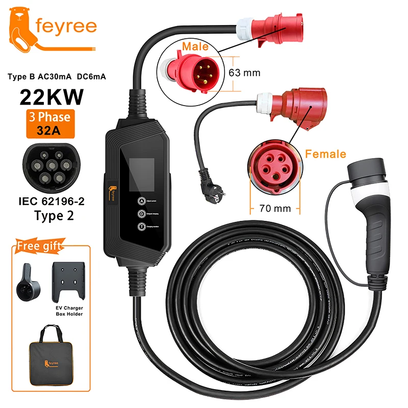 Feyree Type2 شاحن سيارات كهربائية محمول 22KW 32A 3Phase شاحن سيارات كهربائية EVSE صندوق شحن كابل 5 متر مع مقبس IEC62196-2 للسيارة الكهربائية