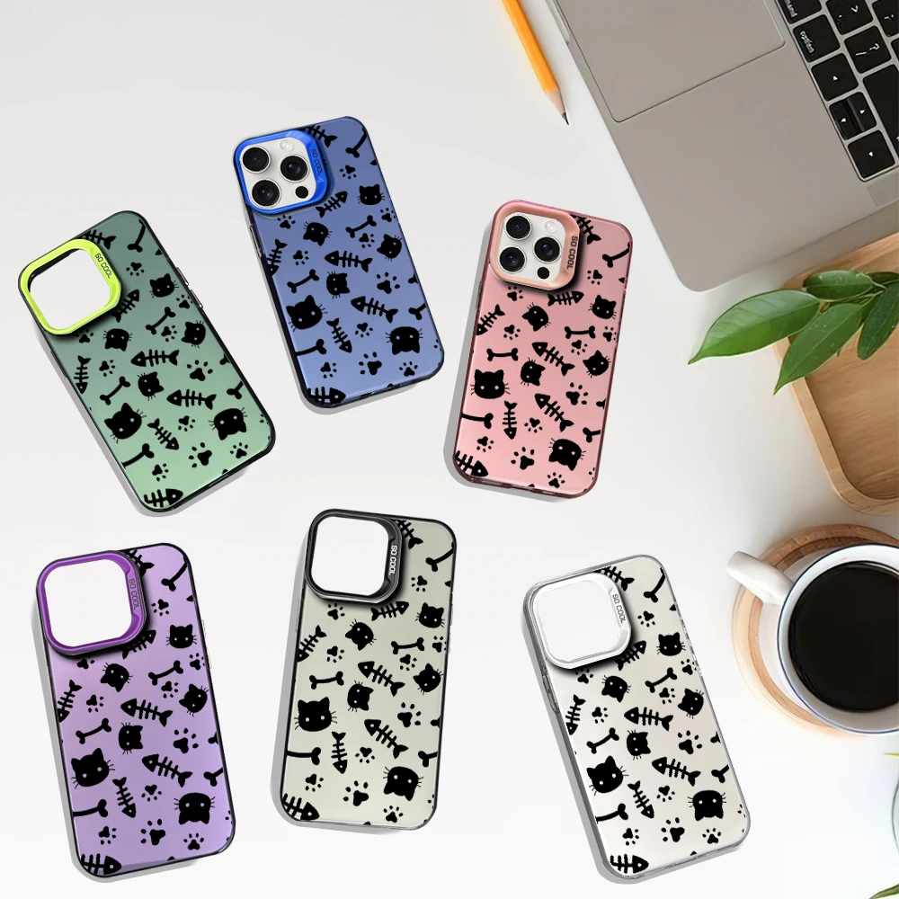 Cat Fish Bone Doodle Laser Phone Case for iPhone 12 11 13 14 15 16 Max Pro Plus IMD Shockproof Silicone Coque