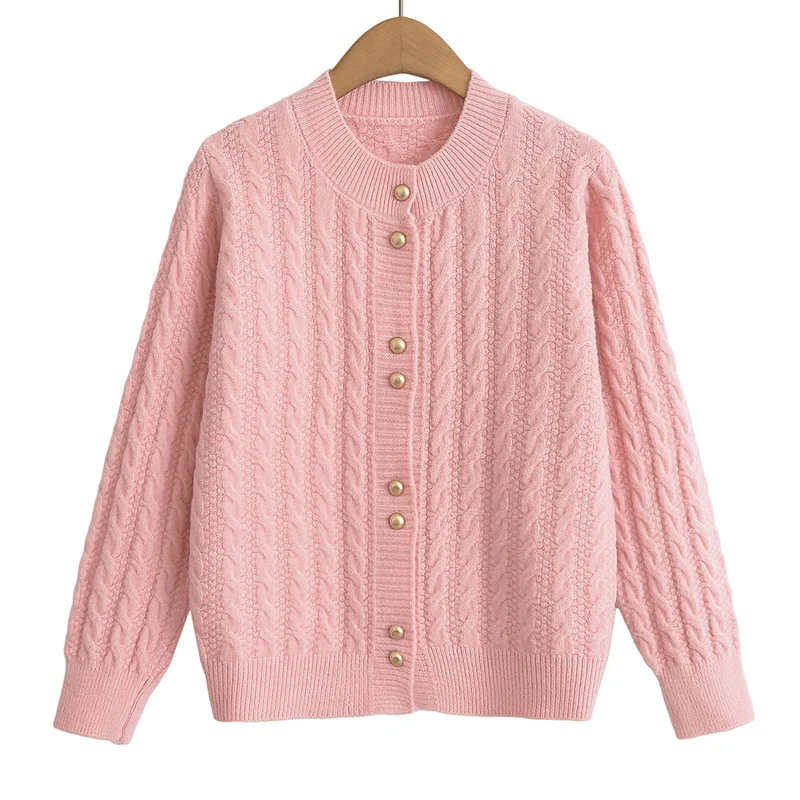 

Solid Pink Sweet Knitted Sweater Jacket Front Opening Button Knit Wear Coat Winter Women Simple Style Long Sleeves Streetwear