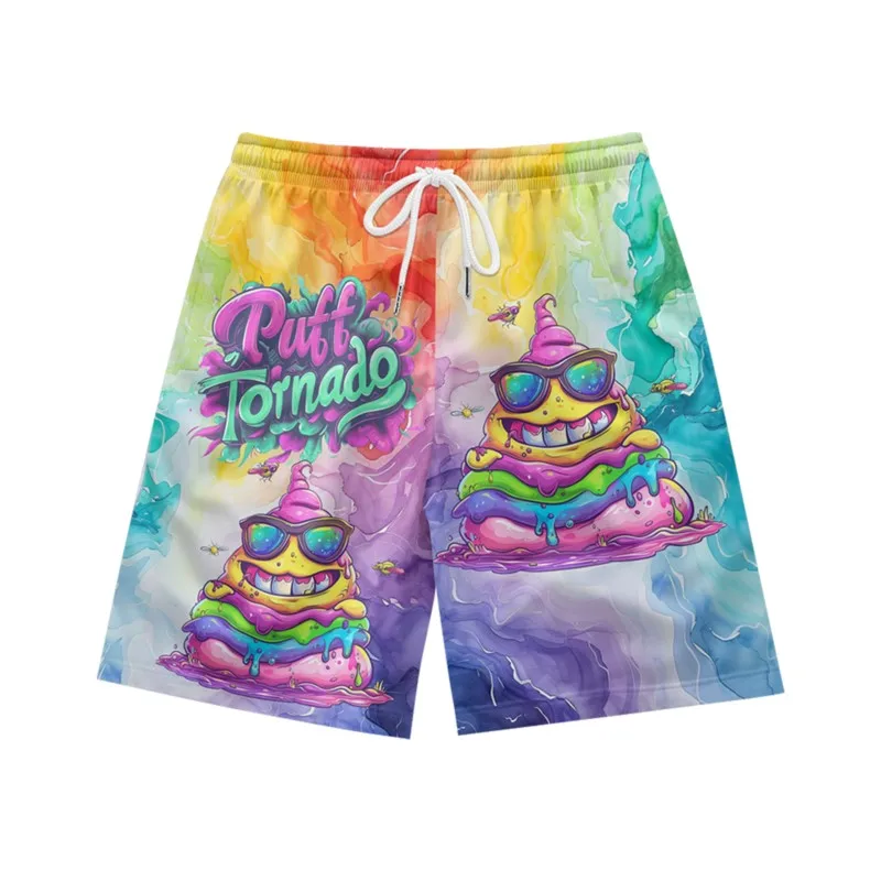 Creative colorful poop pattern, loose, quick drying, breathable, summer, young men's leisure, sports, drawstring beach shorts