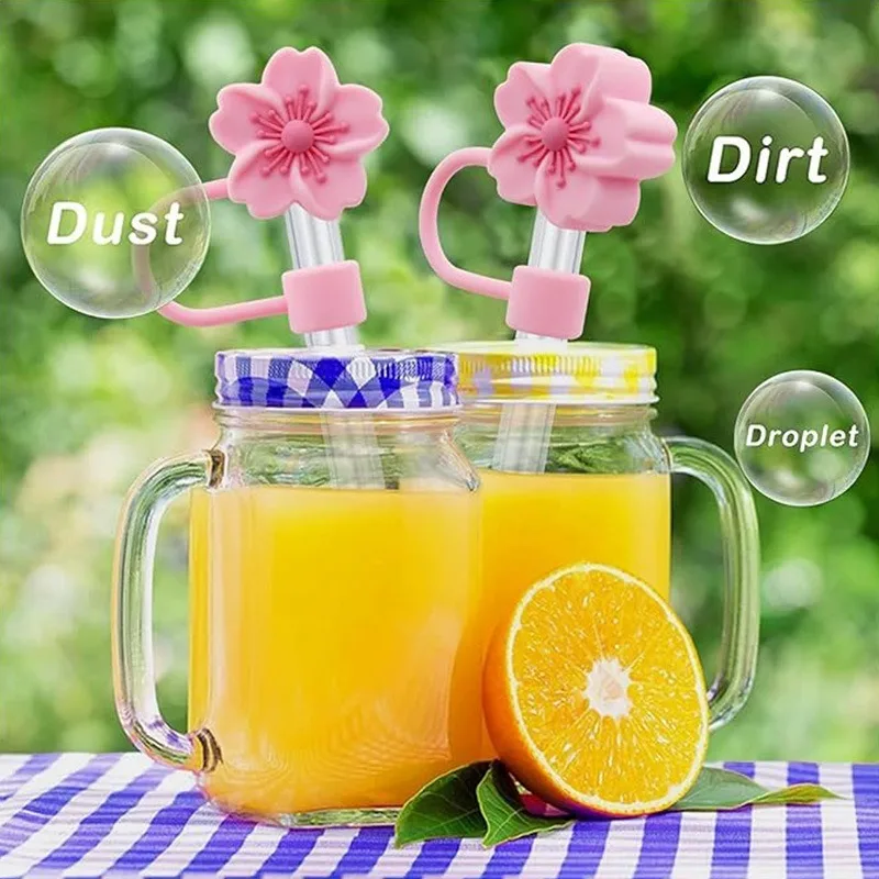 Begonia Flower Straw Cover Cap 10mm 0.4in Silicone Straw Tips Lids Reusable Dust-Proof Straw Topper for Stanley Cup Party Decor