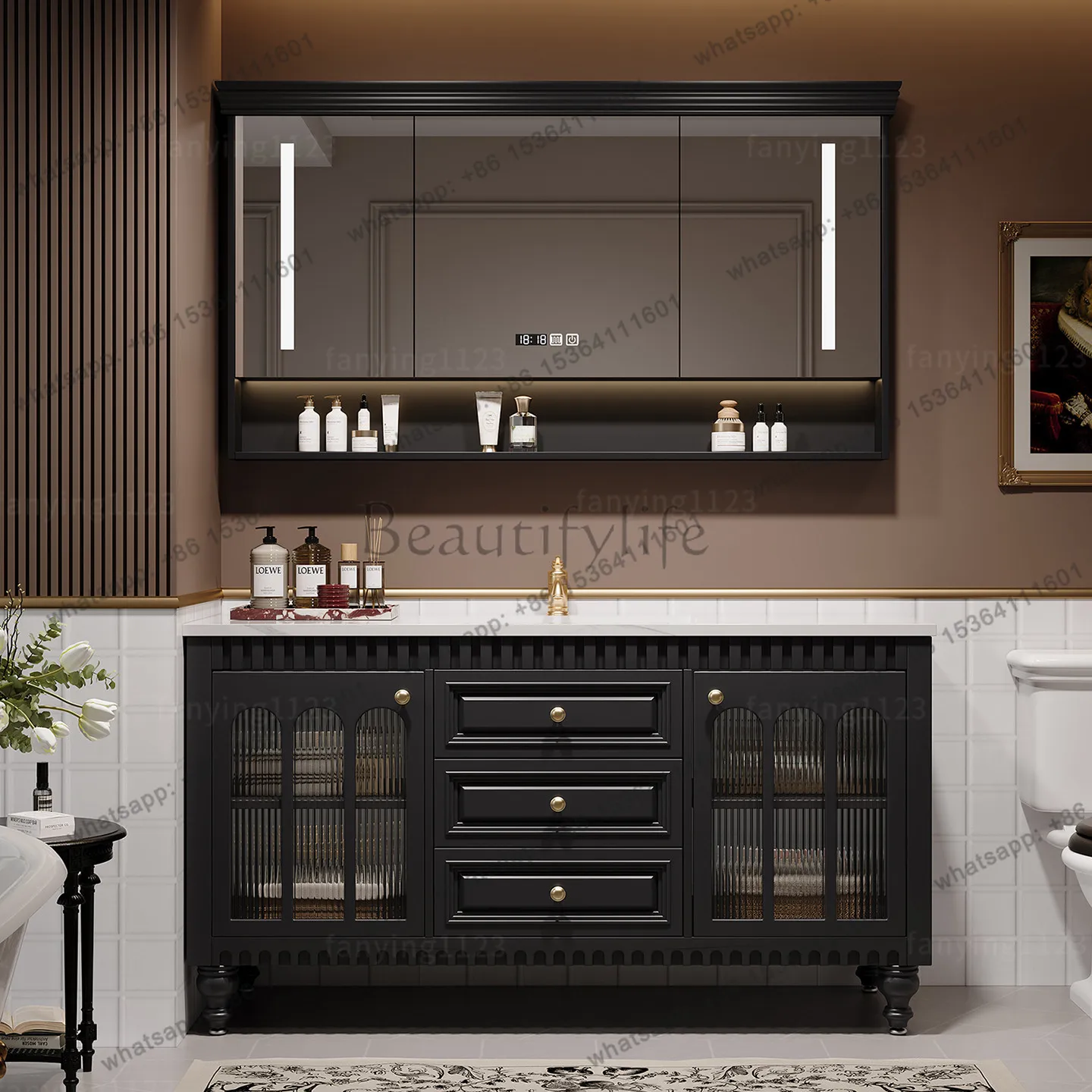 French Oak Floor-to-ceiling Bathroom Cabinet Toilet Wash Table Slate Basin Bathroom Cabinet