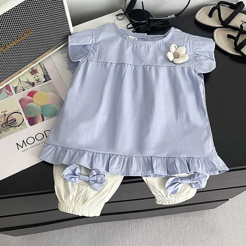 Kids Girls Sweet Outfit Sets Flying Sleeve Flower Shirt Elastic Cuff Bow Trousers Toddler Summer Casual Clothing Set