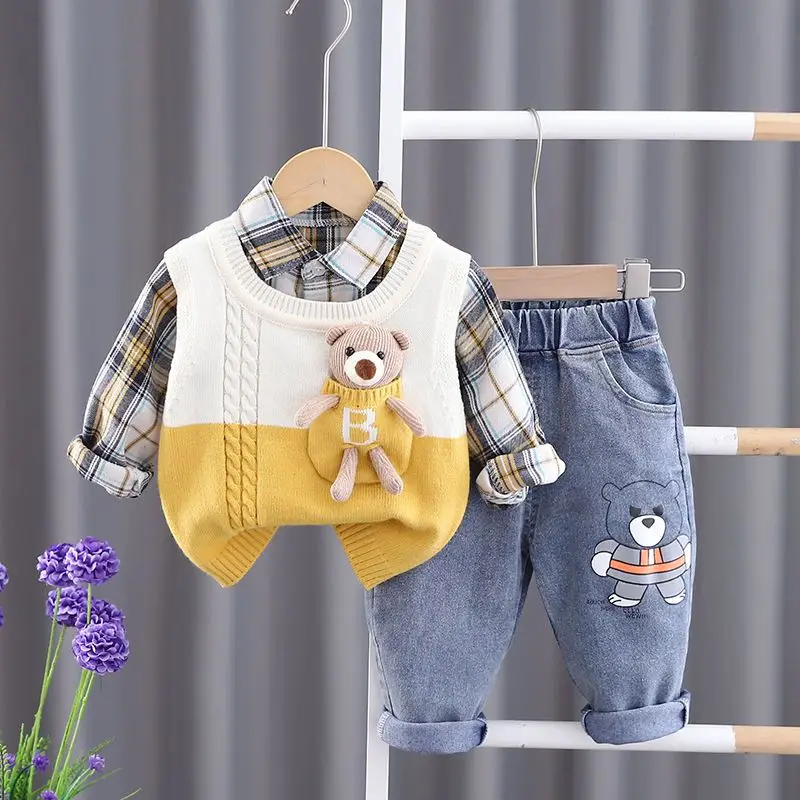 Spring and Autumn Baby Boys Clothing Set New Children\'s Sweater Vest Shirt Pants 3-piece Set Kids Outfits 6M 2T 3T 4T 5T