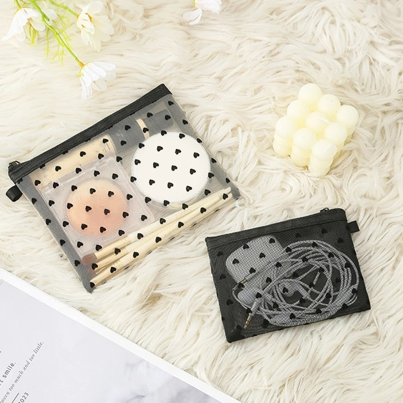 Love Heart Mesh Cosmetic Makeup Bags Wallet Transparent Zipper Storage Bag Pencil Case Lipstick Bag Portable Travel Wash Bag