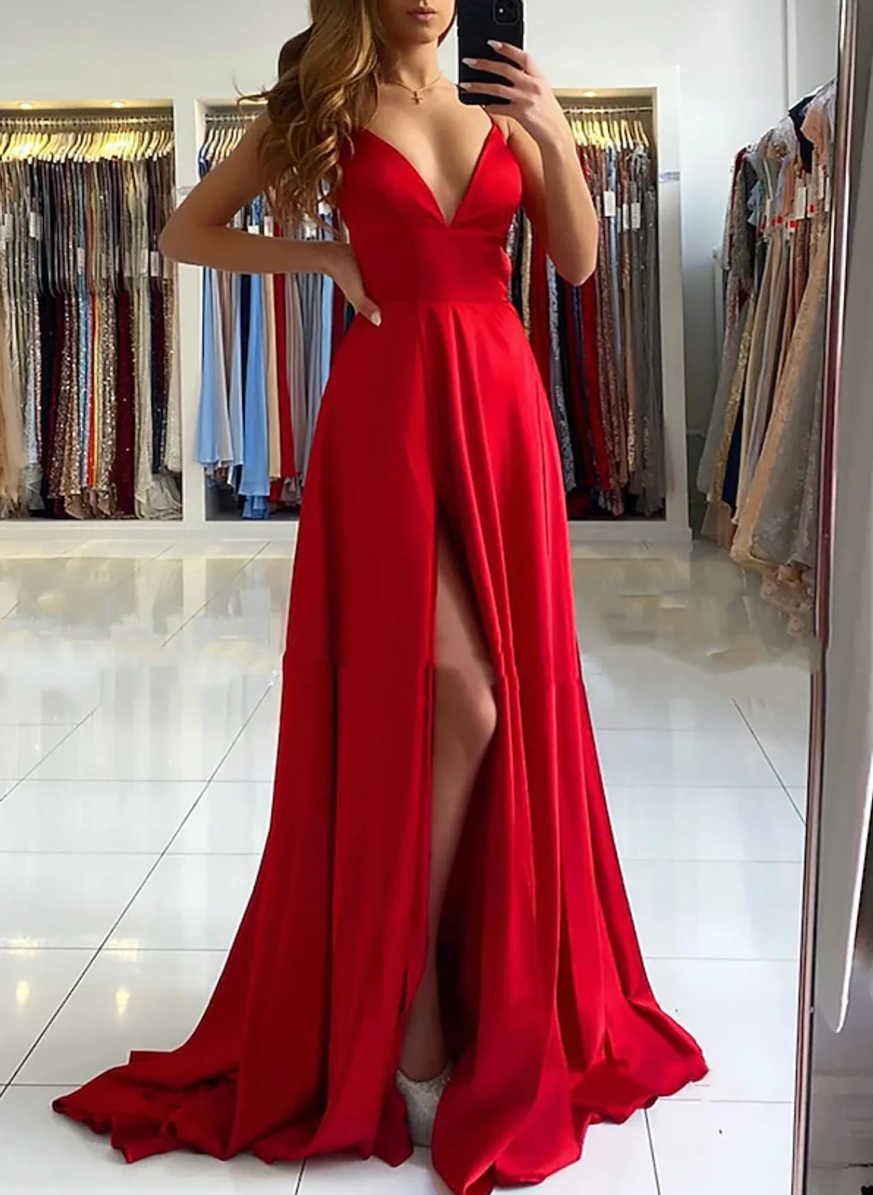 A-Line Prom Dresses Empire Dress Formal Prom Sweep / Brush Train Sleeveless V Neck Imitation Silk Backless with Pleats Slit