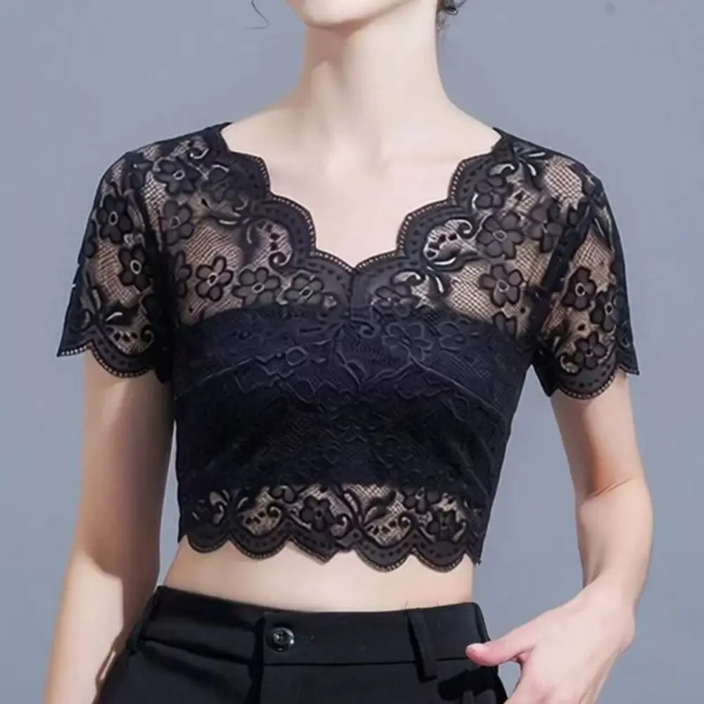 Delicate Floral Floral Lace Lace Top V-Neck Hollow Out Crop Lace Tee Short Sleeve Top Women Girls