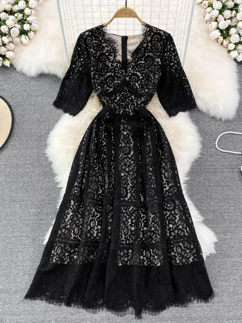 Sweet Memory 2024 Summer Black Lace Long Dress Vintage V-neck Short Sleeve Cocktail Party Dress Robes Femme Vestidos