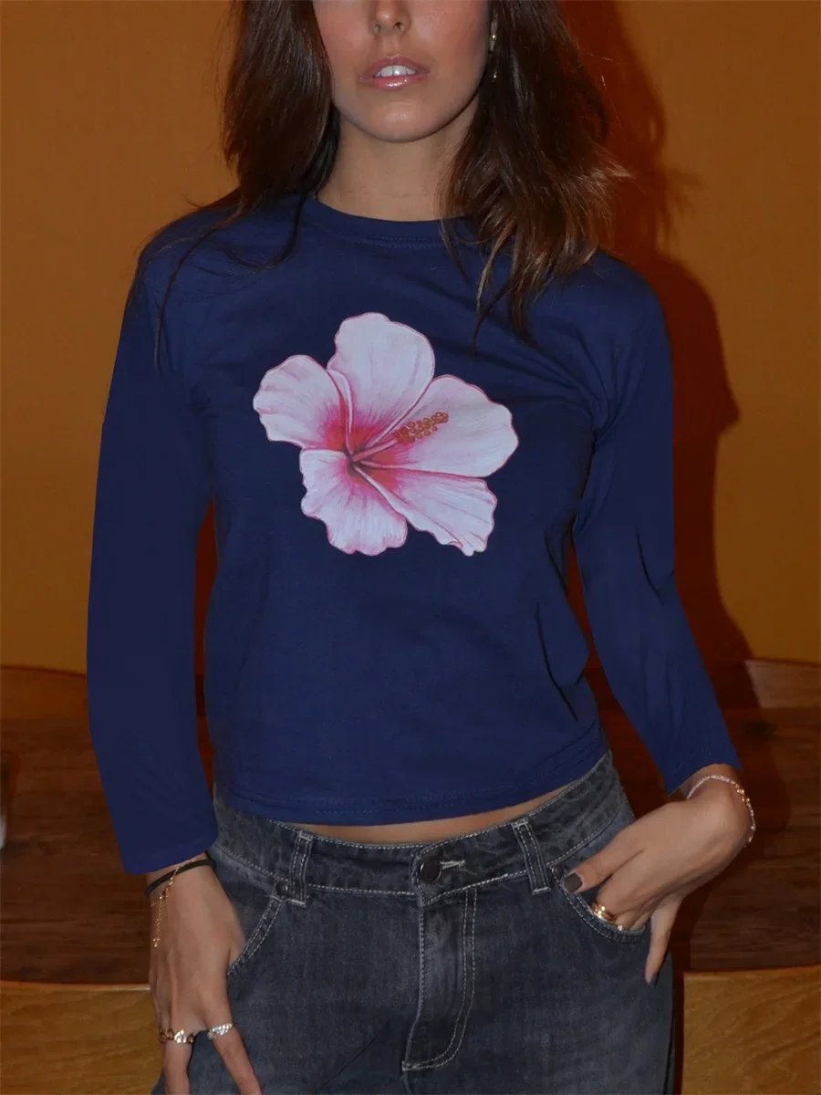 여성용 긴팔 티셔츠, 크루넥 플라워 프린트, 슬림핏 상의, 스트리트웨어, 여성용 튜브 탑, 패션
