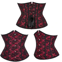 Underbust Corset Lace Floral Red Waist Trainer Cincher Gothic Women Slimming Belt Bustier Corselet