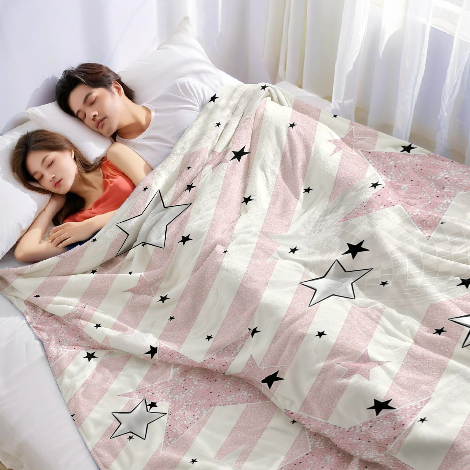 Pink Disco Star Christmas Fleece Throw Blanket Soft Warm Cozy Xmas Home Decor for Bed Sofa Couch Holiday Present