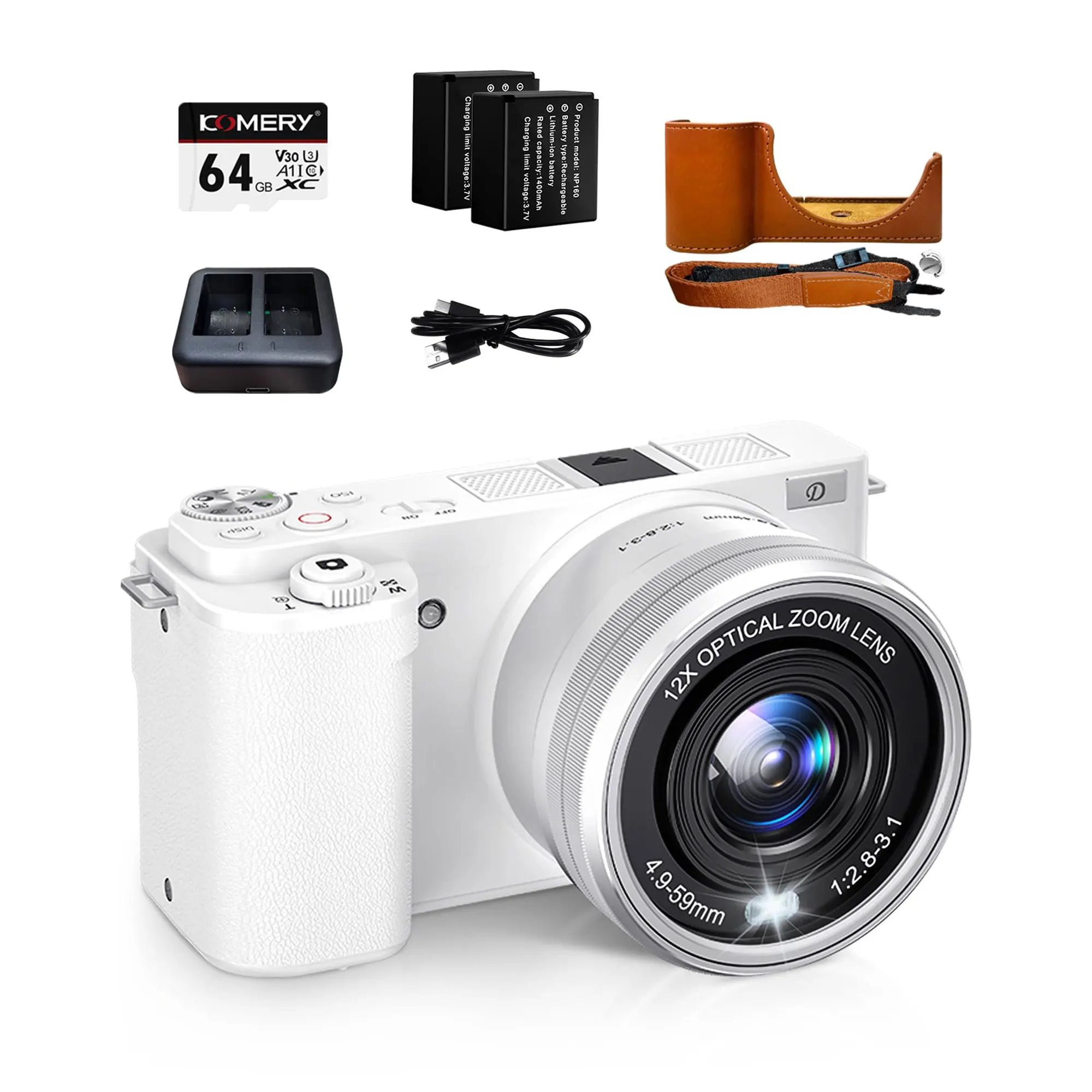 Digitalkamera 4K 64 Megapixel Fotokamera mit 12-fachem optischem Zoom und optischer Bildstabilisierung, kompakte WLAN Vlog Kamera für Foto und Video Aufnahmen, inklusive 2 Stück Akkus 64GB TF