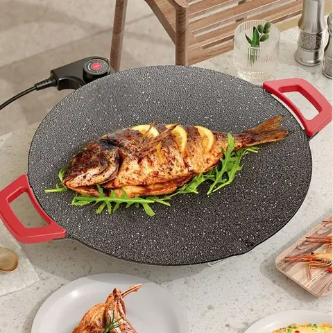 Barbeque Tray Electric Korean BBQ Grill Pan Non-stick Smokeless Griddle Plate Round Adjustable Gears Barbecue Plate Indoor