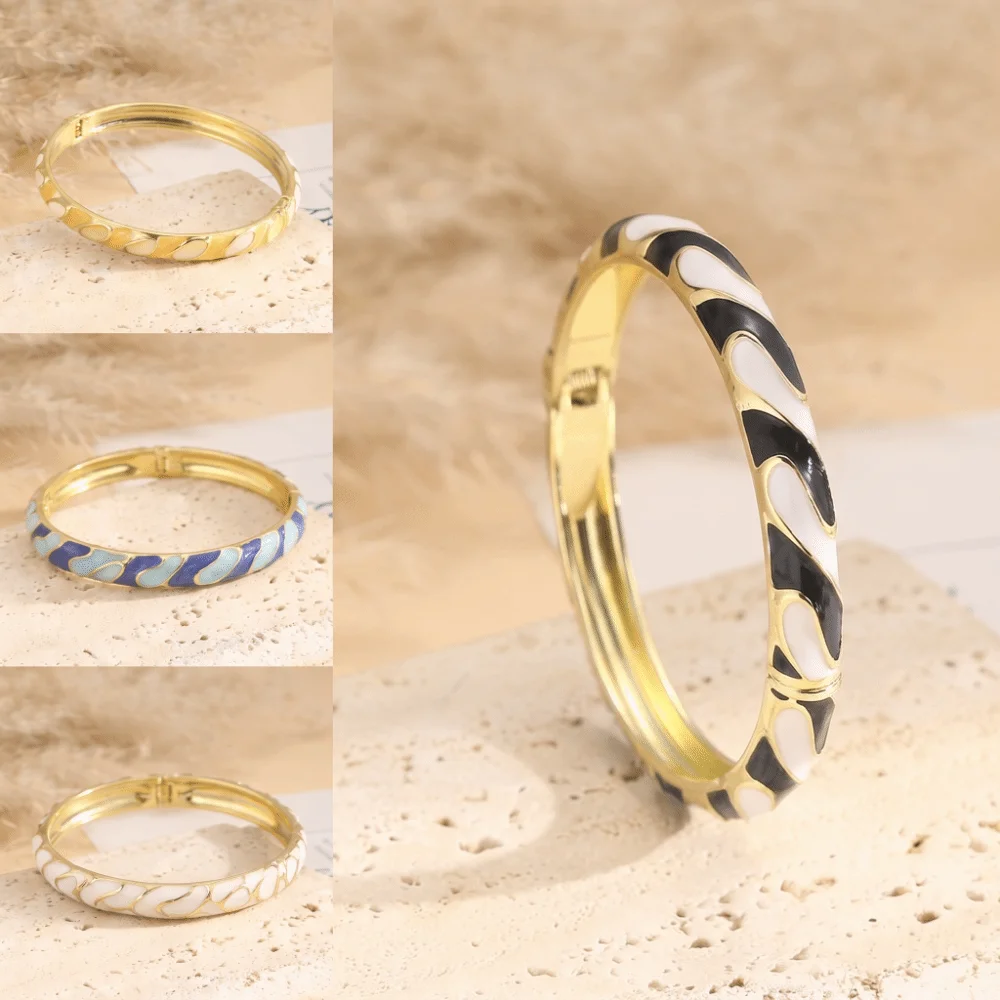 Colorful Enameled Enamel Bangle Bracelet Striped Pattern Gold Color Plated Cloisonne Bracelet Stackable Openable