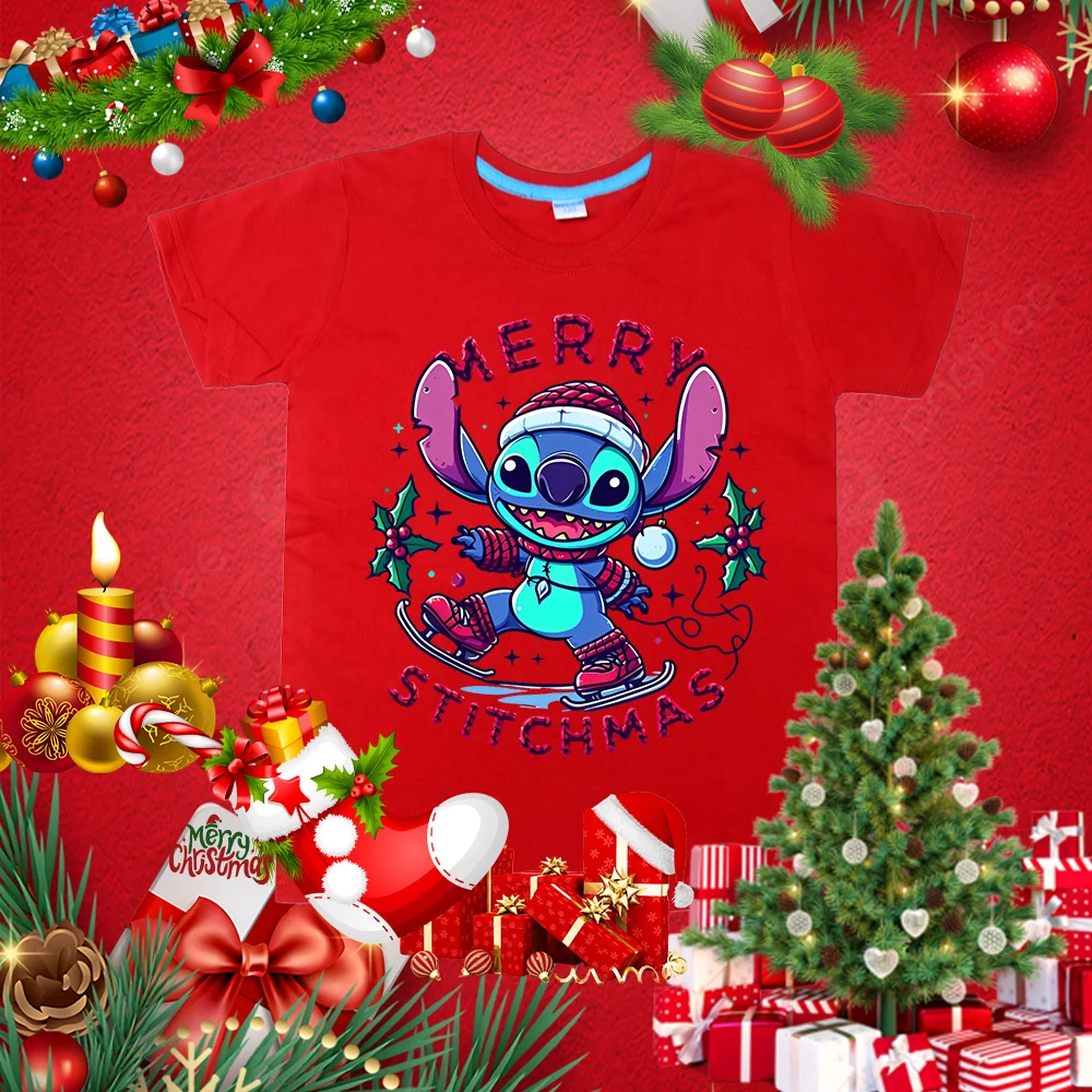 Stitch Kerst Bedrukt Kids T-Shirt Zomer Kinder Katoenen Korte Mouw Geschikt Voor Jongens En Meisjes Casual Tops