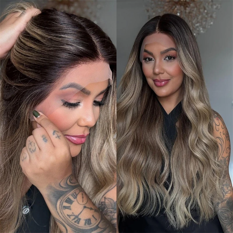 

Ombre Blonde Brown HD Невидимый синтетический парик спереди Оригинальный заводской парик 28-дюймовый парик с объемной волной Легко носить Готов к отправке