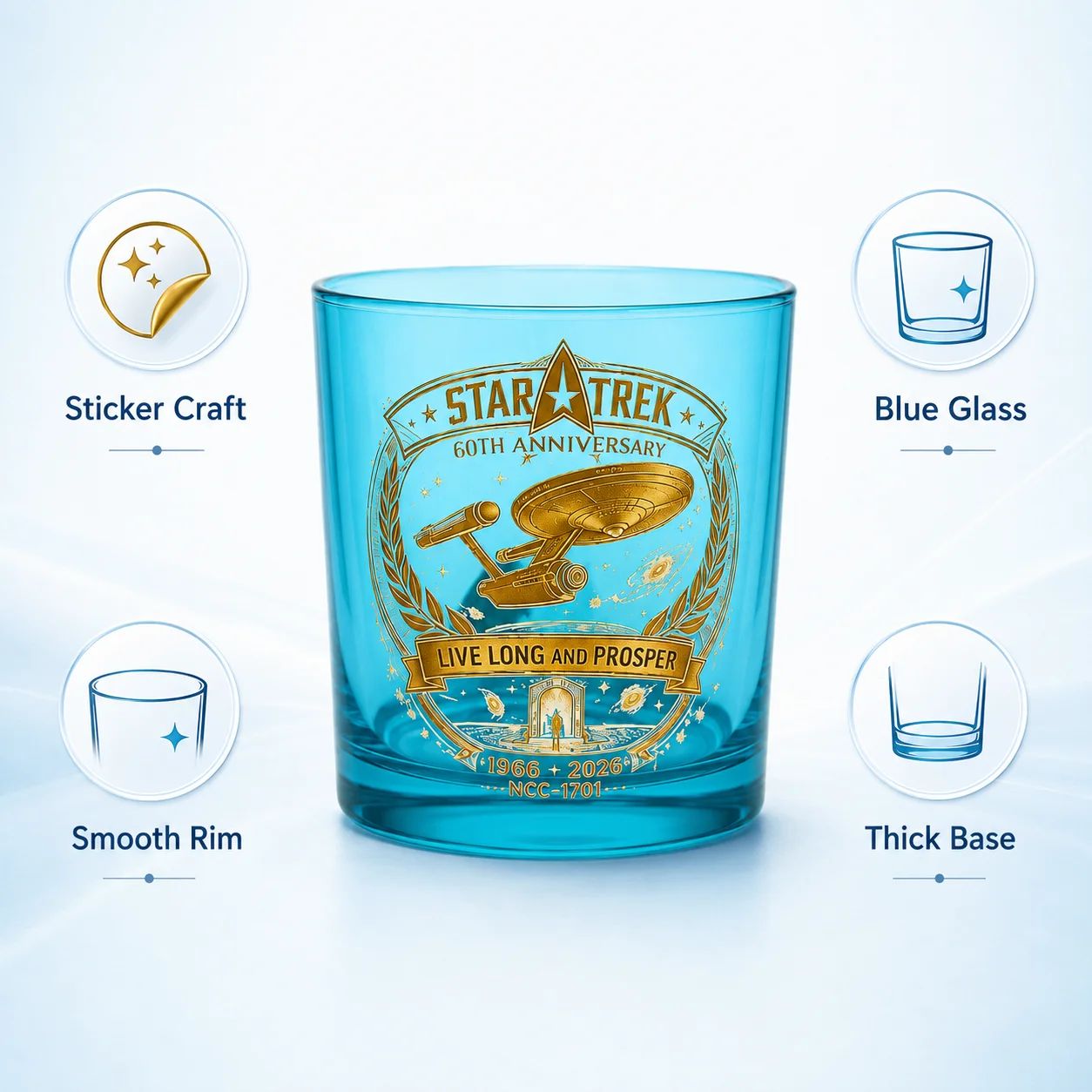 Star Trek 60th Anniversary Blue Whiskey Tumbler 300ml Glass Cup with Gold Sticker Design for Fans Home Bar Decor