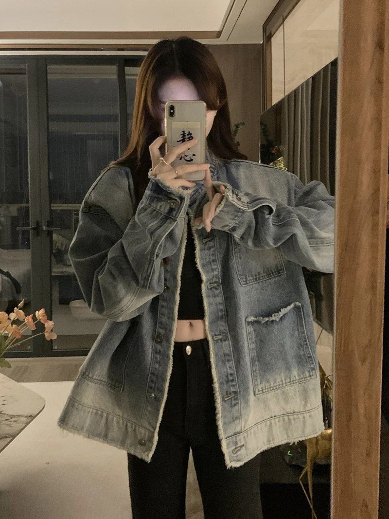 

plus Size Women's Denim Jaet Loose Fit Spring Autumn Korean Sle Casual Long Sve Button up Outerwear Trendy Fce Trim