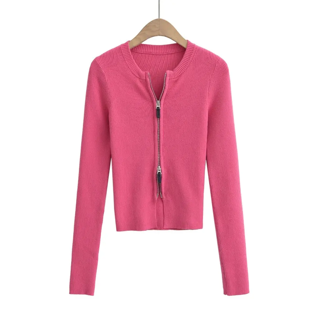 

Women's American-Style Retro Double Zipper Knitted Cardigan Slim-Fit Long-Sleeved Top for Autumn Winter New Design Hot Girl