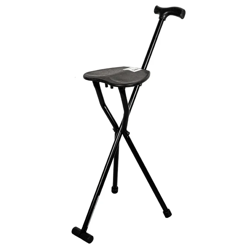 Lightweight Folding Aluminum Crutches Stool PP Plastic Panel Cane Thickened Three-legged Walking Stick with Seat Rubber Footpad