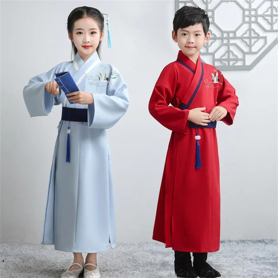 Hanfu baju sekolah anak laki-laki perempuan, baju Hanfu tradisional Cina, pakaian sekolah gaya kuno anak-anak