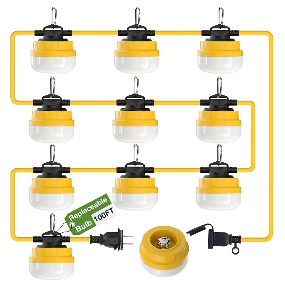 100FT Linkable Construction String Lights 100W LED Jobsite Work Light with 10 Replaceable Bulbs IP65 Weatherproof Commercial