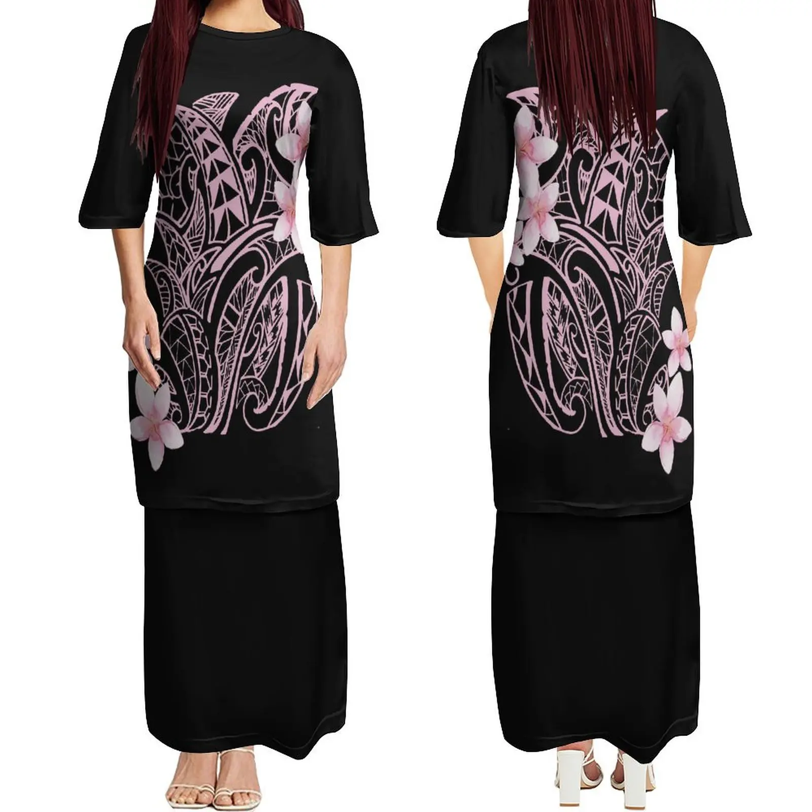 New Design Summer Ladies Fashion Mid-Sleeve Dress Two-Piece Polynesian Tribal Print Samoan Puletasi Top And Long Skirt