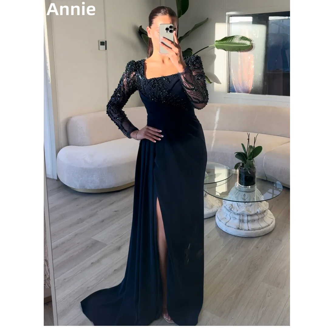 

Annie Navy Prom Dresses Embroidered Sequins elegant Long Sleeves Luxurious Evening Dresses Mermaid Side Slit Ladies فساتين سهرة