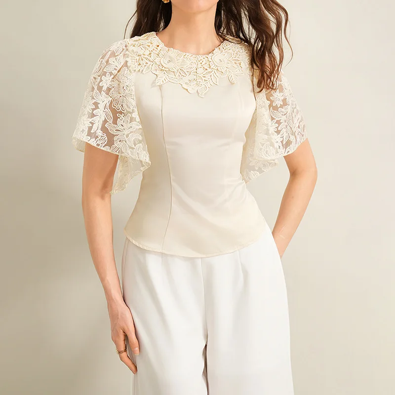 

2026 New Top Apricot Lace Splicing Round Neck Shawl Sleeve Waist Shirt for Women