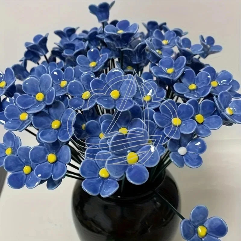 Handcrafted Forget-Me-Not Ceramic Flowers Fade-Resistant Pottery Ornaments for Indoor Outdoor Home Deco view 3