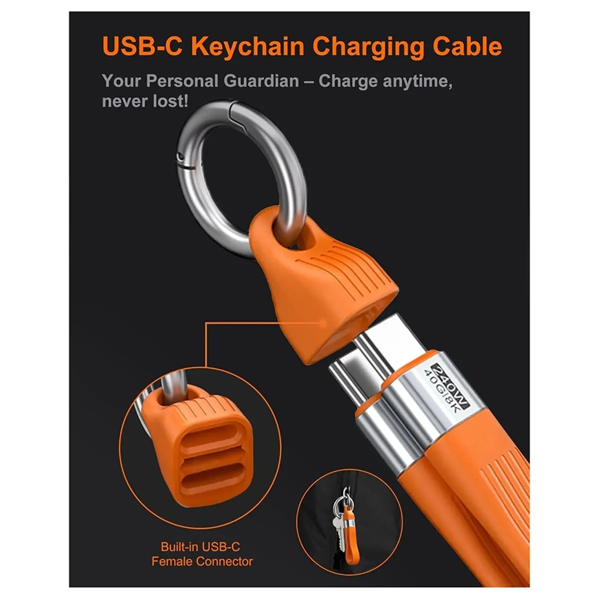 【~ NEW N21R】USB C Cable Keychain Short 0.5FT, 240W USB4 USBC to USBC, 40Gbps Data, 8K@60Hz, for 17/16/15, , Pixel, SSD