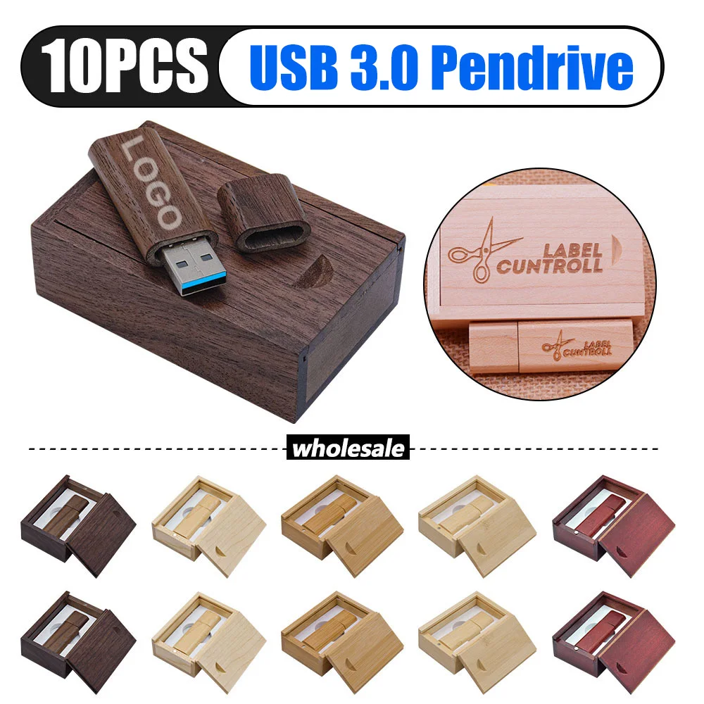 10 ชิ้น/ล็อต USB3.0 ฟรีปรับแต่งโลโก้ไม้ + กล่อง USB Flash Drive ไม้ Pendrive 8GB 16GB 32GB 64GB 128GB งานแต่งงานของขวัญ