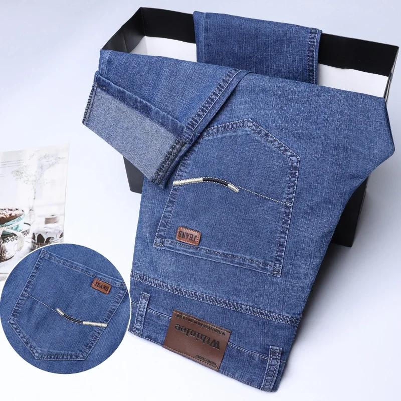 سراويل الدنيم الرجالية نمط الأعمال المرنة العادية تناسب مستقيم الأعمال عارضة الذكور عالية الجودة جميع المواسم الجينز #1