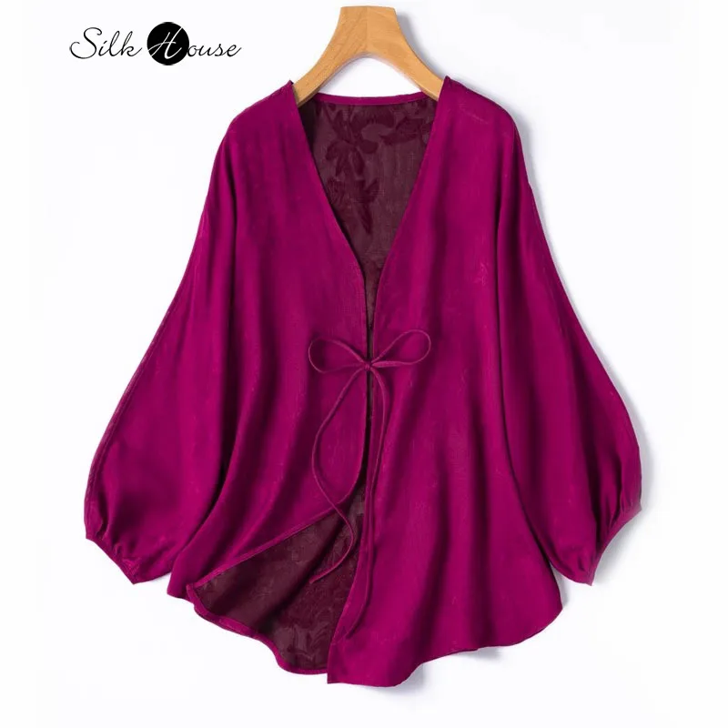 

Breathable 100% Natural Mulberry Silk Gambiered Guangdong Gauze Loose Lace Up Sunscreen Lantern Sleeves Cardigan Shawl Jacket