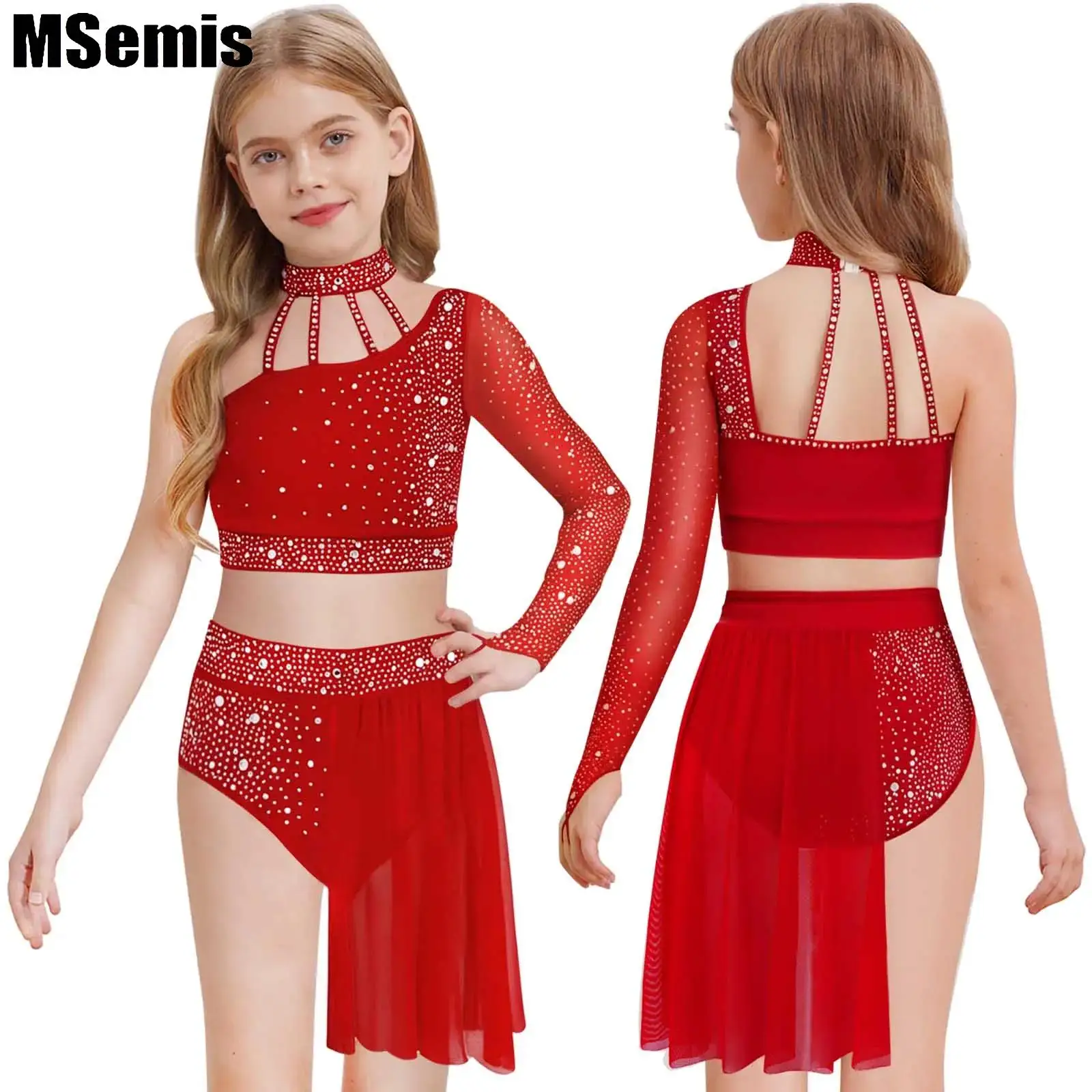 

Kids Girls Sheer Mesh Dance Outfit Modern Lyrical One Shoulder Long Sleeve Shiny Rhinestone Crop Top with Irregular Skirt