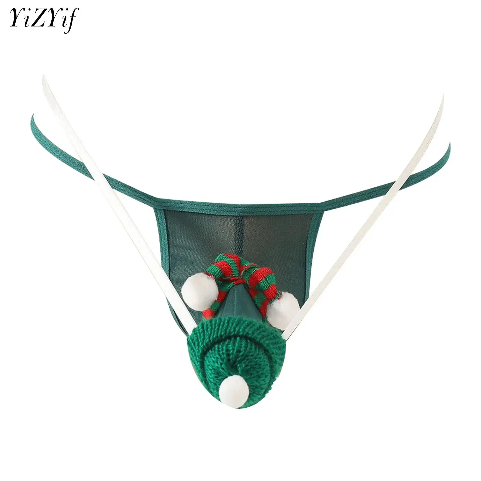 

Men Sexy Christmas T-back G-string Briefs Sheer Mesh Thongs Panties Underwear with Mini Hat Sissy Gay Erotic Lingerie Nightwear