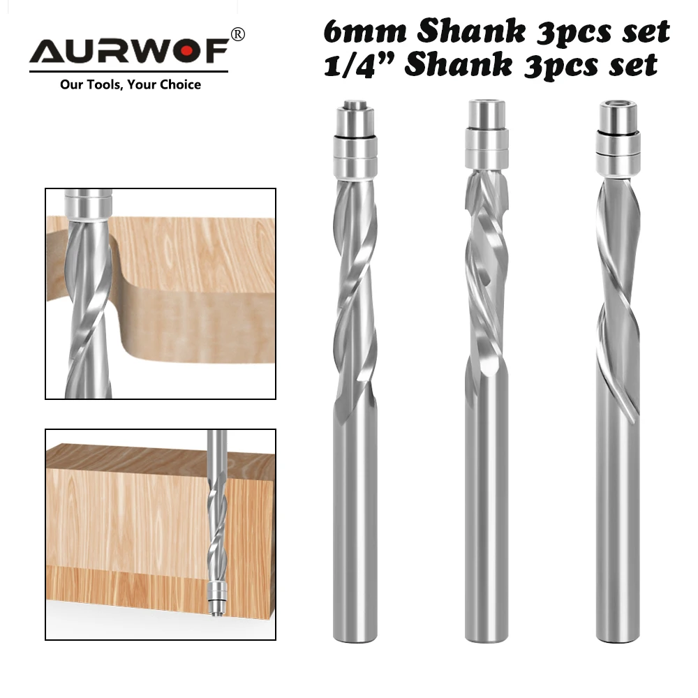 AURWOF 3Pcs 6mm 6.35mm Shank Solid Carbide Bearing Guided Two Flute Flush Trim Router Bits Woodworking Milling Cutters Z06AT3A