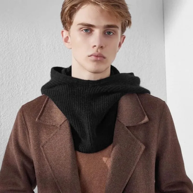 Winter Hats for Men Balaclava Knit Hats with Drawstring Warm Hooded Scarf Hat Solid Color Neck Collar Knitted Pullover Beanies