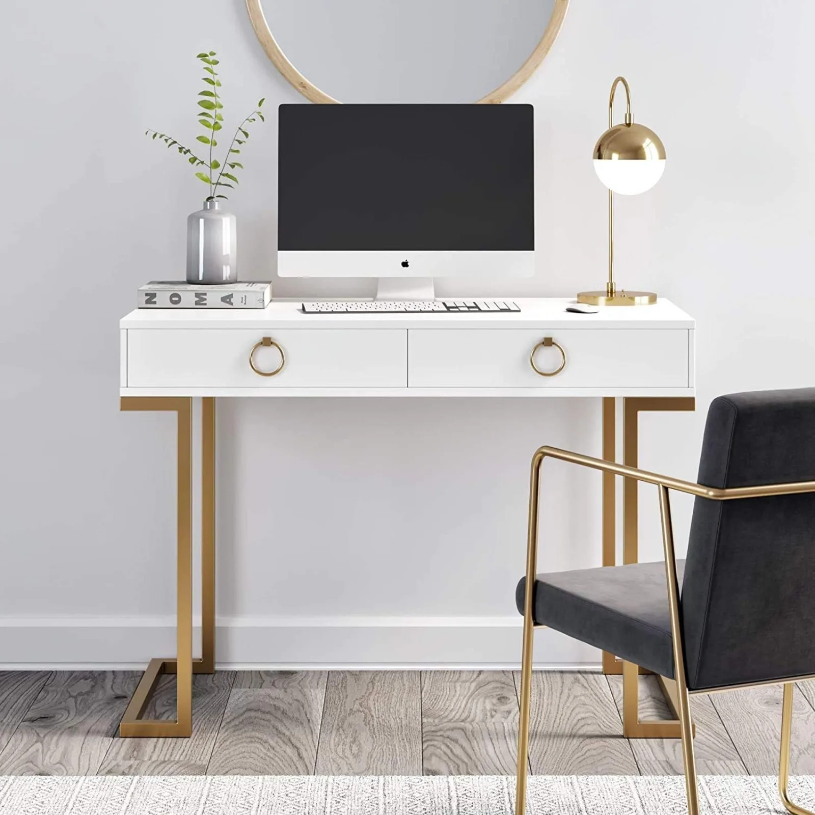 US Two-Drawer Writing Glam Accents Brass, Home Office Computer Desk or Vanity Table, 2, White/Gold, Small