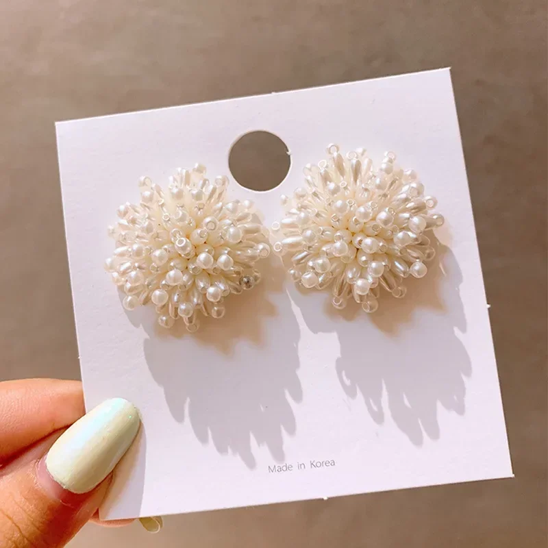 Korea Japan Sweet Imitation Pearl Earrings for Women Gold Color Alloy Firework Big Statement Dangle Earrings Wedding Jewelry