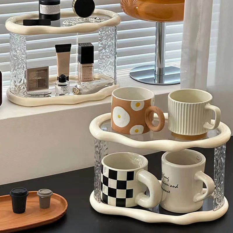 

1Cream White Cloud Transparent Water Ripple Double Layer Storage Rack，InsWind Living Room Desktop Cup Storage Rack Bedroom Cosme
