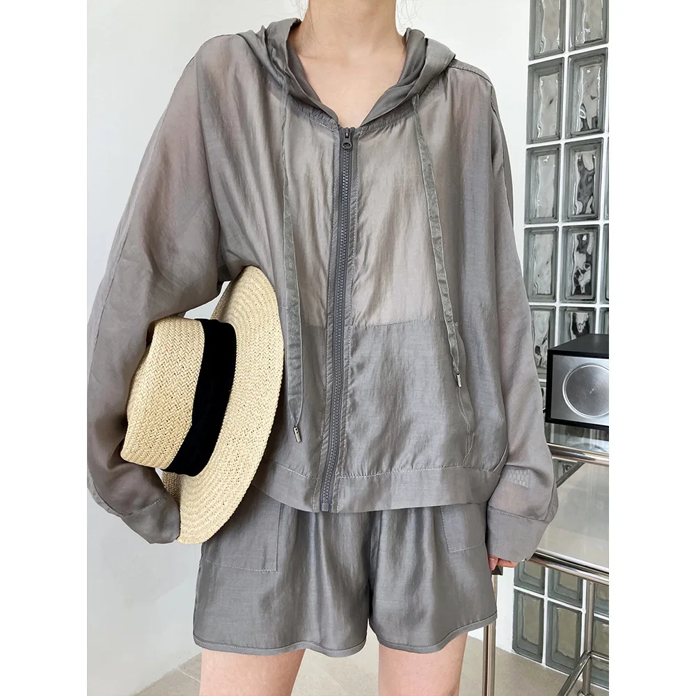 Casual Hooded Tencel ครีมกันแดด + กางเกงขาสั้นสองชิ้นชุดสตรีฤดูร้อนบางกีฬากลางแจ้งชุด 2310