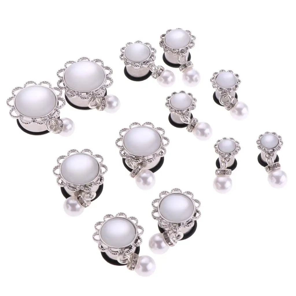 2pcs Rhinestone Pearl Ear Plugs Tunnels with O-Ring Stretcher Expander