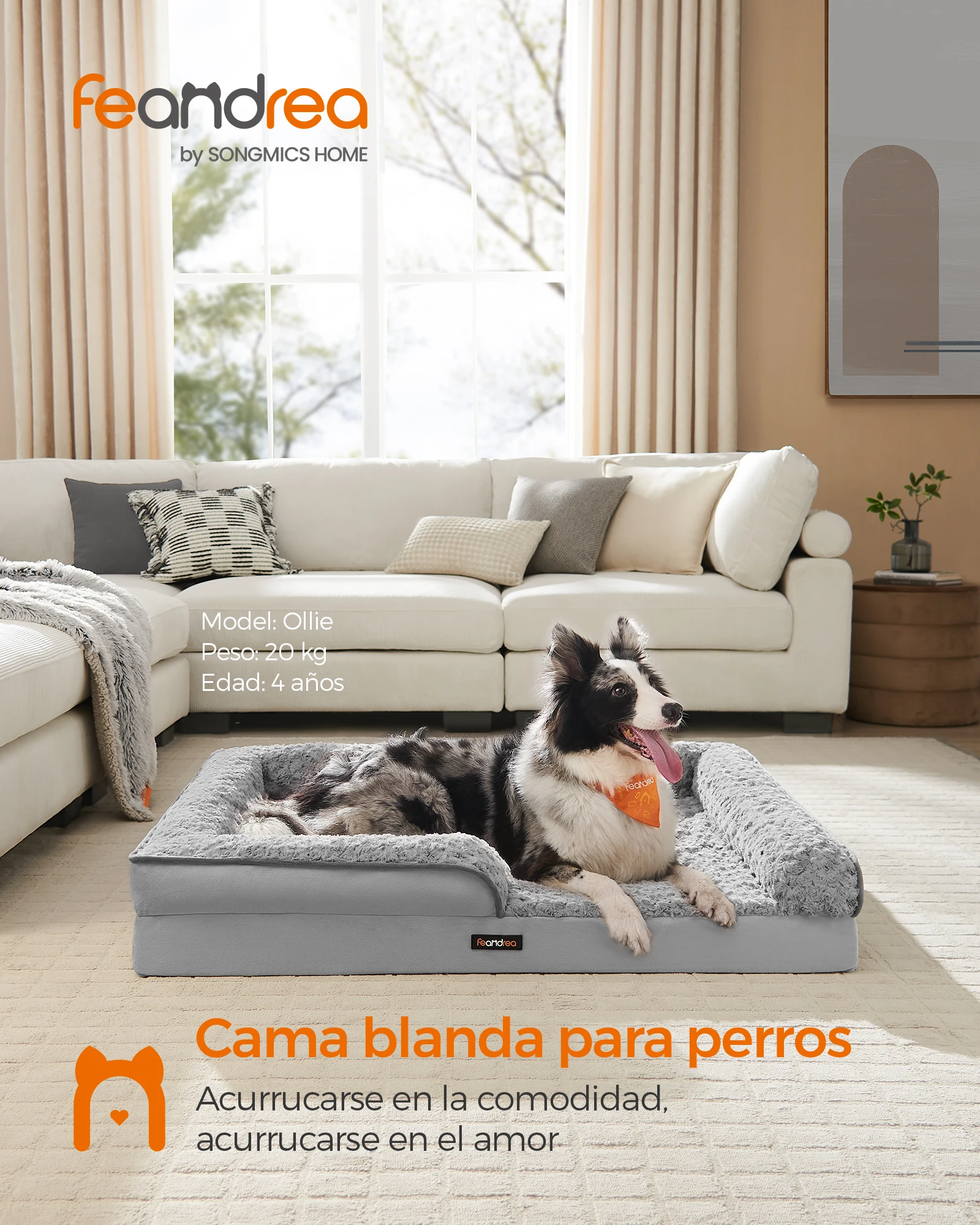 Feandrea Orthopädisches Hundebett für große Hunde, Hundebett aus Memory-Schaum, Sofa, Haustiercouch mit Seiten, Taubengrau/Schiefergrau