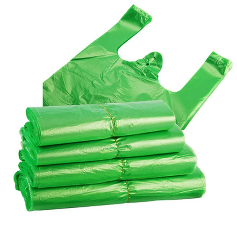 100pcs/pack Green Plastic Bag Supermarket Carry Out Bag Disposable Vest Bag with Handle Kitchen Living Room Clean Food Packaging